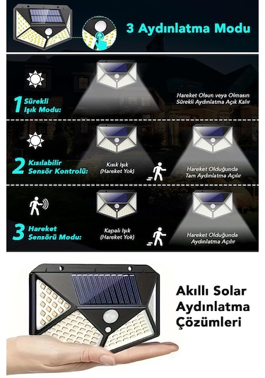 2 Adet Güneş Enerjili Duvar Lambası - Solar 100 Led Işık 3 Modlu Hareket Sensörlü Bahçe Aydınlatma Siyah