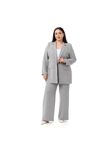 Büyük Beden Çizgili Gri Ceket Pantolon İkili Takım Gri