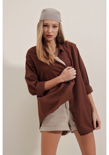 Bigdart 3900 Oversize Uzun Basic Gömlek - Kahverengi 001