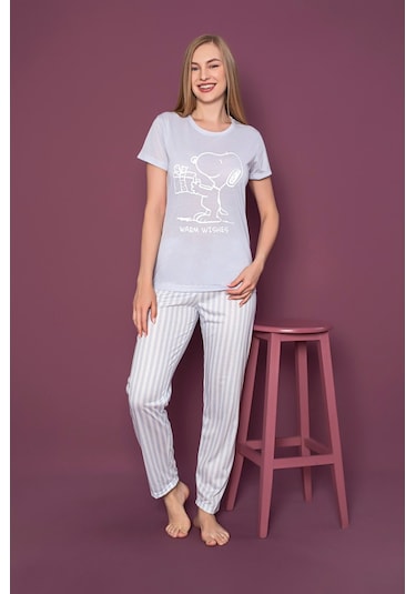 Lukitus Sıfır Yaka Kısa Kol Snoopy Desen Pijama Takımı Mavi