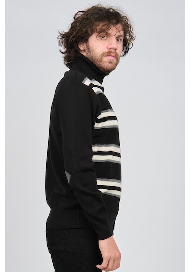 Mısırlı Erkek Tam Balıkçı Çizgili Yün Kazak 3869077 Siyah Siyah