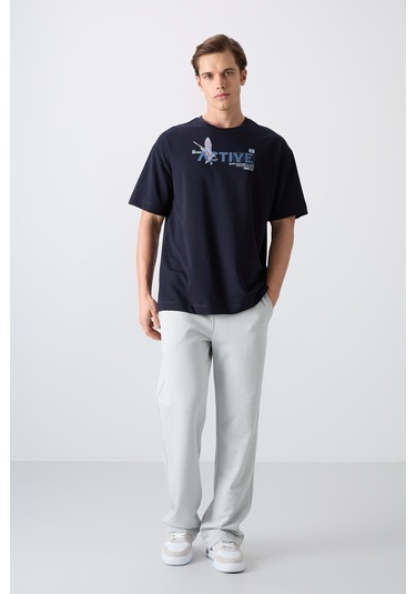 Tommy Life Lacivert Pamuklu Kalın Yumuşak Dokulu Oversize Fit Baskılı Erkek T-shirt - 88344 001