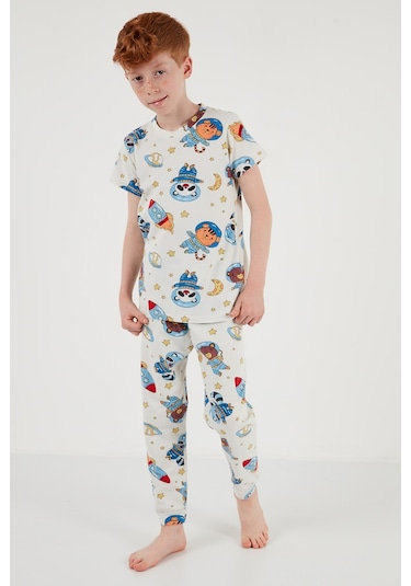 Lela Desenli % 100 Pamuk Bisiklet Yaka Erkek Çocuk Pijama Takımı 6651003 Ekru-Mavi