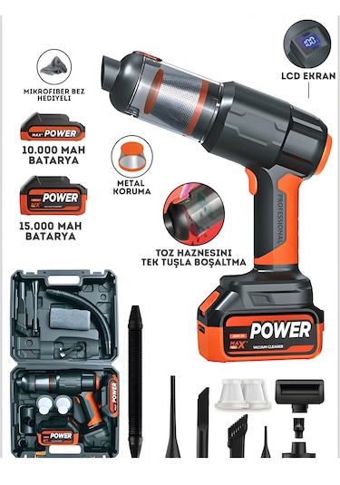 20000pa Güçlü Emişli Çift Bataryalı Dijital Göstergeli Kablosuz Vakumlu Üflemeli Araç Süpürgesi -