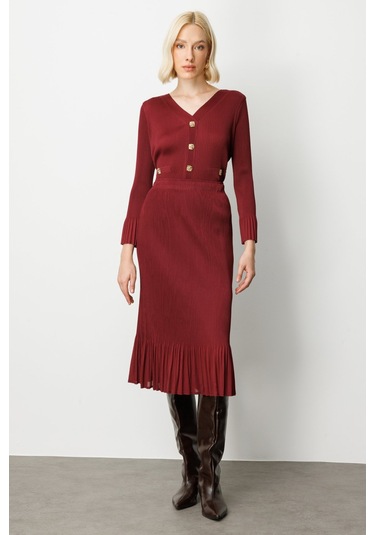 Ekol Kadın Etek Ucu Piliseli Midi Etek 3915 Bordo Bordo
