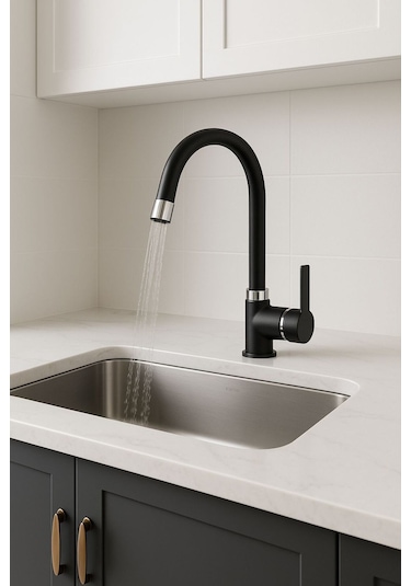 Rudi Armatür 360 Döner Gövdeli Pirinç Malzeme Lüx Mutfak Bataryası Siyah