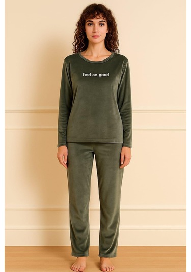 Kadın 13166-2782 Uzun Kol Kadife Pijama Takımı Yeşil Yeşil