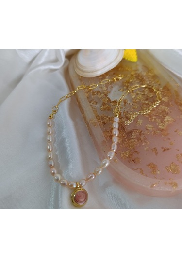 Sedef Dolgulu Somon Altın Kaplama Gerçek İnci Tasarım Kolye El Yapımı Çok Renkli