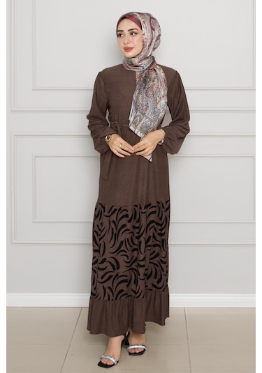 Eteği Desenli Karin Elbise-kahverengi-4271-kahverengi Kahverengi