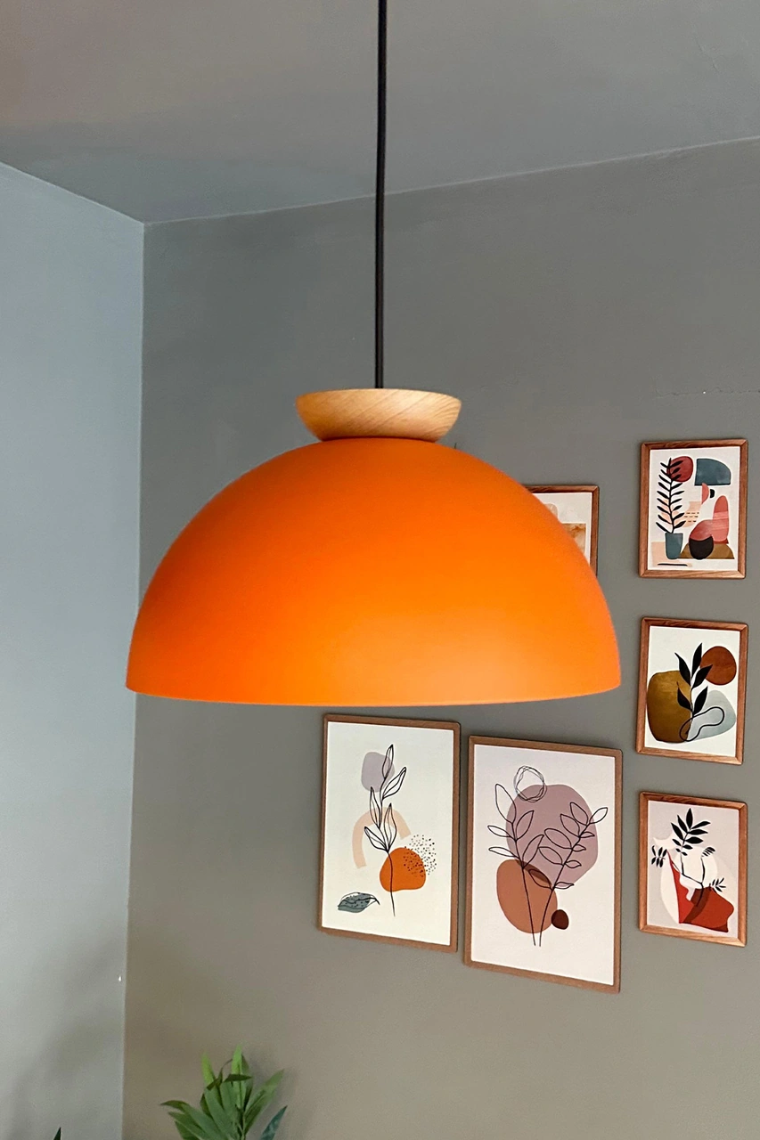 Yimpi Mat Turuncu Avize Ahşap Tekli Sarkıt Salon Kuaför Cafe Dekoratif Aydınlatma Pastane Turuncu