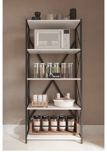 Morpanya Oven Metal Mutfak Rafı Malzeme Dolabı 5 Raflı Mikrodalga Fırın Rafı Çok Amaçlı Dolap Raf 150 Cm Beyaz