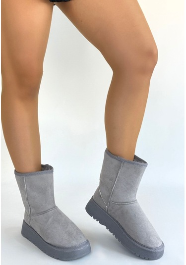 Pabucmarketi Gri Süet Kadın Düz Bot Çok Renkli