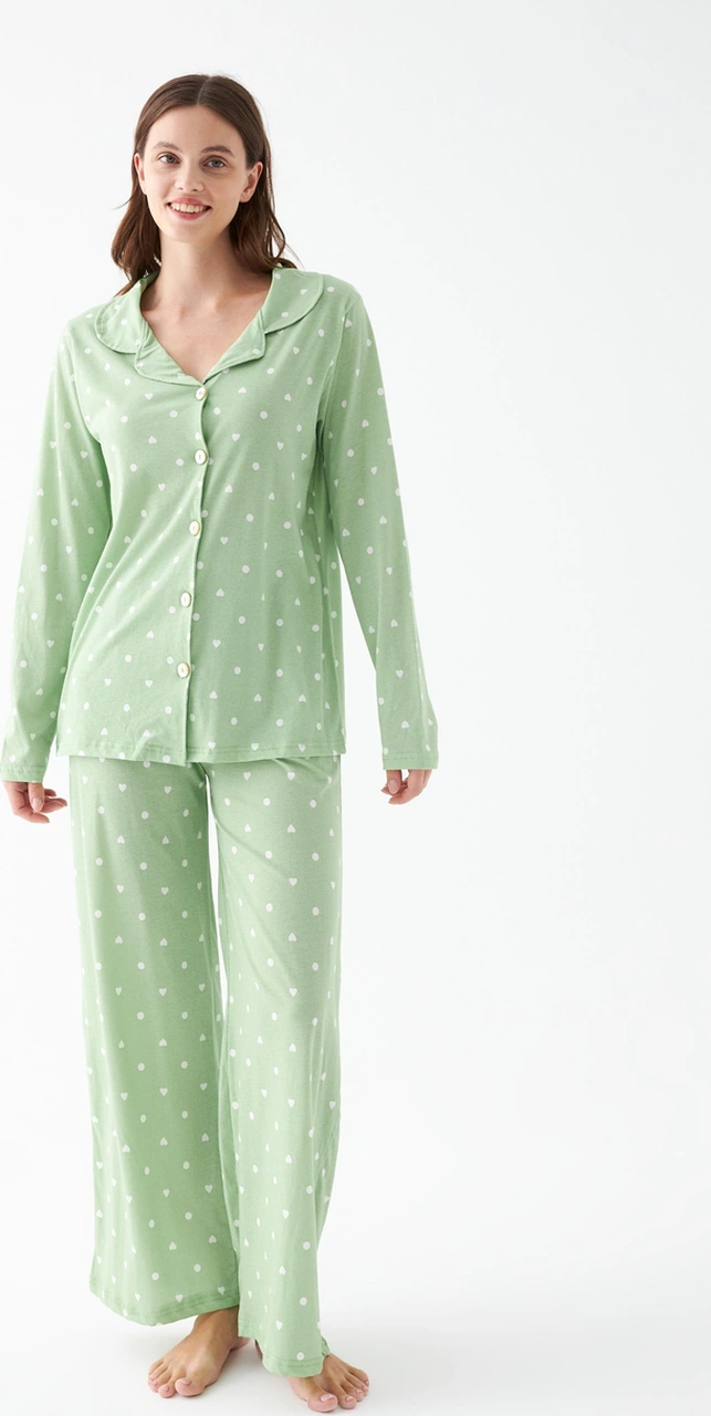Akbeniz Kadın Yeşil Kalp Desenli Düğmeli Pamuklu Pijama Takımı Yeşil