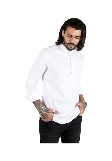 Deepsea Erkek Beyaz Yarım Düğme Gömlek 2201914 Beyaz