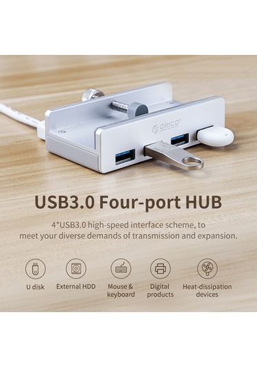 Orıco Mh4pu-p Alüminyum Alaşım 4 Bağlantı Noktası Usb3.0 Klip Tipi Hub Gümüş , Boyut:mh4pu-p Gümüş