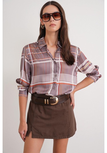 4751 Kadın Ekose İnce Saten Gömlek Bej Bej