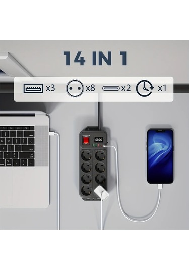 Honeybeeshop 1 Adet Siyah 10 Ft Duvara Monte Dijital Saat 8 Ac Cikisi 5 Usb Portu 15m Uzatma Kablosu Acma Kapama Anahtari Ev Ofis Okul Guç Seridi