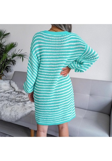 Novahub Kadın Sonbahar Kış V Boyun Uzun Kollu Yün Elbise - Camgöbeği Renkli Şerit Oyma Camgöbeği