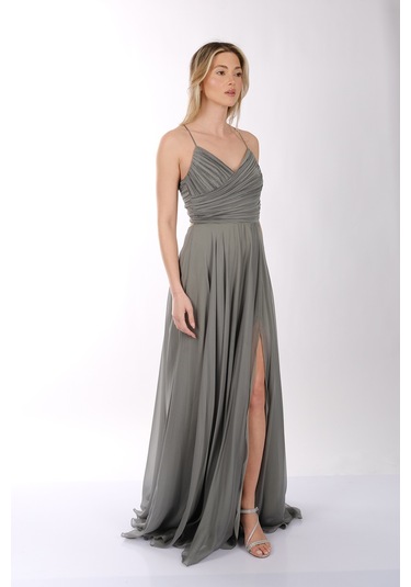 Dori İnce Askılı Önden Yırtmaçlı Drape Kiloş Abiye Elbise 00kb6128 Çağla