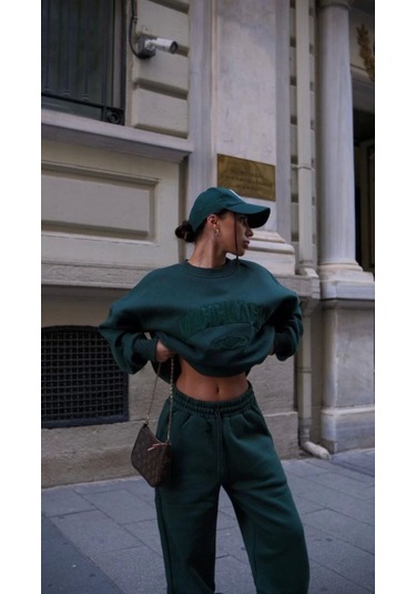 Reka Moda Bisiklet Yaka Nakış İşlemeli Üç İplik Sweat Takım - Yeşil Yeşil