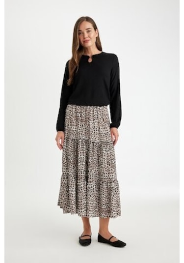 Defacto Kloş Esnek Belli Leopar Desenli Kiloş Maxi Etek D5328AX24AUBK81 Siyah