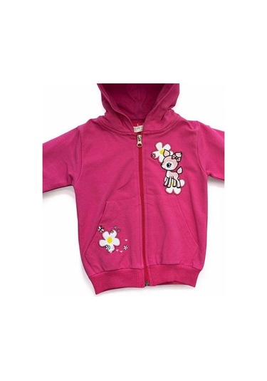 Kız Çocuk Pamuklu Önden Fermuarlı Kapüşonlu İşlemeli Eşofman Takımı-15114 Fuşya