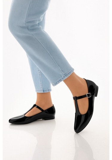 Siyah Süet T-strap Mary Jane Tasarım Babet Siyah Rugan