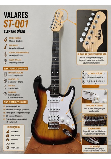Valares St-q01 Leektro Gitar Üst Seviye Sahne Performansı Full Aksesuar Hediyeli Sunburst
