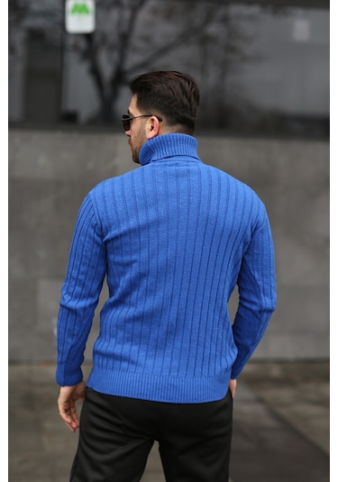 Martino Butik Unisex Balıkçı Yaka Triko Saks Mavi Kazak Saks