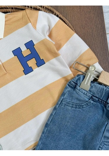 Şerit Çizgili Detaylı Likralı Polo Yaka Erkek Bebek Takım Sari
