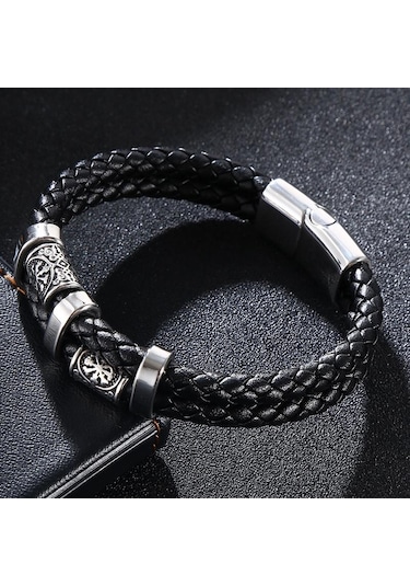 Yeni Paslanmaz Çelik Deri Halat Bileklik İskandinav Viking Serisi Çift Katmanlı Dokuma Deri Erkek Bilekliği Mavi