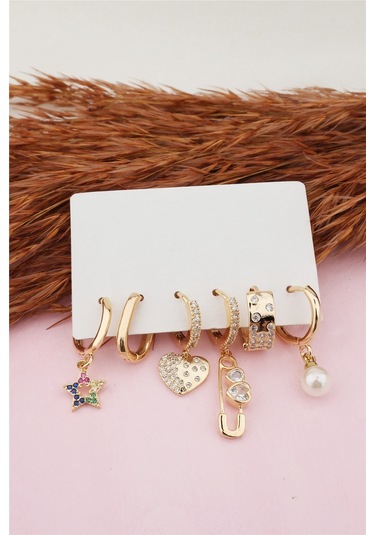 Kadın Altın Kaplama Kararmaz Zirkon Taşlı Inci ve Kalp Detaylı 6' Altın-M