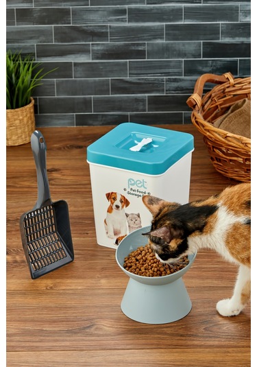 Evcil Hayvan Kedi Ve Köpek Mama Saklama Kabı & Mama Kabı Seti Kürek Hediyeli 3'lü Set - Mavi
