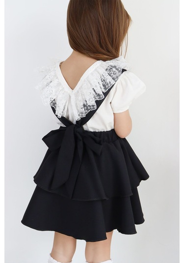 Kız Çocuk Helen Siyah Askılı Kat Kat Bağlama Jile Elbise Dantel Detay Ekru Kısa Kollu Bluz Takım