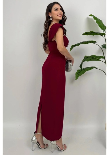 Valentia Madonna Yaka Taş İşlemeli Kalem Bordo Abiye Elbise, Zarif Davet Elbisesi Bordo