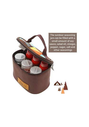Symbee Taşra Piknik Ve Kamp İçin 6'lı Taşınabilir Baharat Seti - Sıvı Ve Toz Baharatlar İçin Pet Şişeler İle Oxford Bezi Çanta Kahverengi