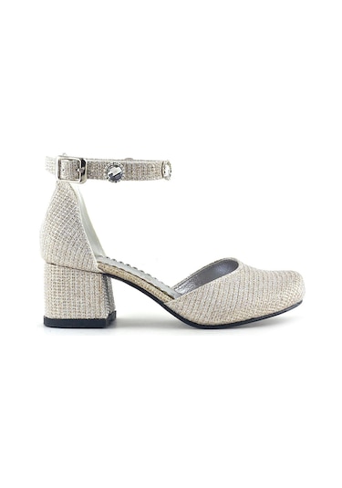 Merida Light Gold Simli Kalın Topuklu Taş Detaylı Kız Çocuk Topuklu Ayakkabı Altın