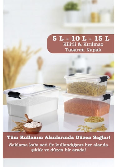 3'lü Organizer Box 5-10-15l Saklama Kabı - Çok Amaçlı Düzenleyici Kilit Kapak Derin Saklama Kutusu Şeffaf
