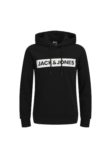 Jack & Jones Erkek Logo Baskili Kapüsonlu Sweatshirt - Minder 12214643 Black Koyu Yeşil