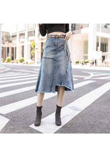 Kadın Moda Yüksek Bel Yırtık Tahrip Bodycon Sokak Stili Denim Etek Açık Mavi