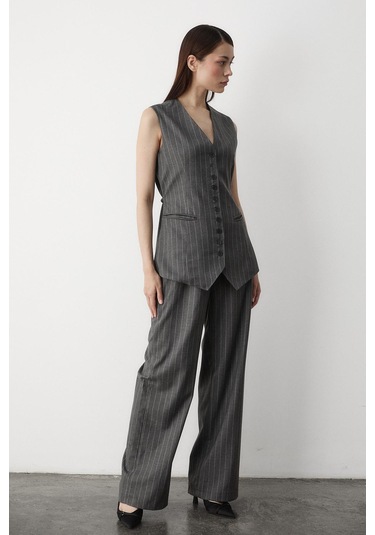 Antrasit Çok Düğmeli Çizgili Premium Takım Antrasit