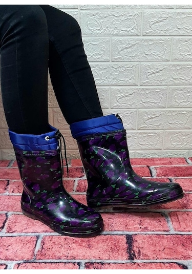 Çağrı Mor Çiçekli Siyah İçi Yünlü Kar Yağmur Çizmesi 001