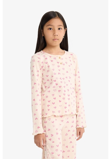 Defacto Kız Çocuk Pijama Takımı Fitilli Kaşkorse Kalp Desenli Uzun Kollu Üst Uzun Alt F7276a825aupn353 Pembe
