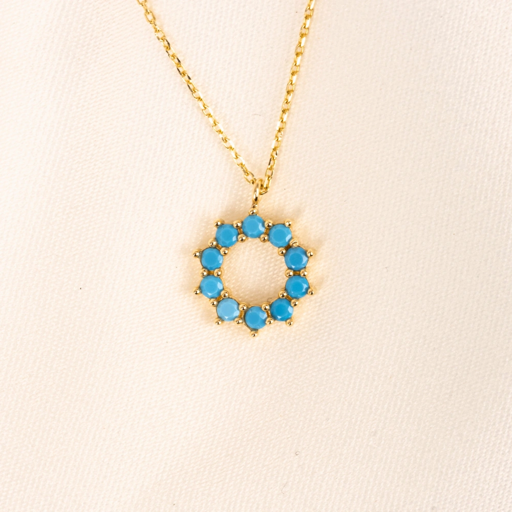 Gümüş Kolye - Yuvarlak Firuze Turkuaz Taşlı 925 Ayar Gümüş Kolye Sarı
