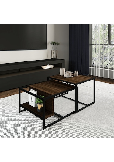 Batı 2 Li Modern Orta Sehpa Takımı Metal Ayaklı, Alt Raflı Ceviz