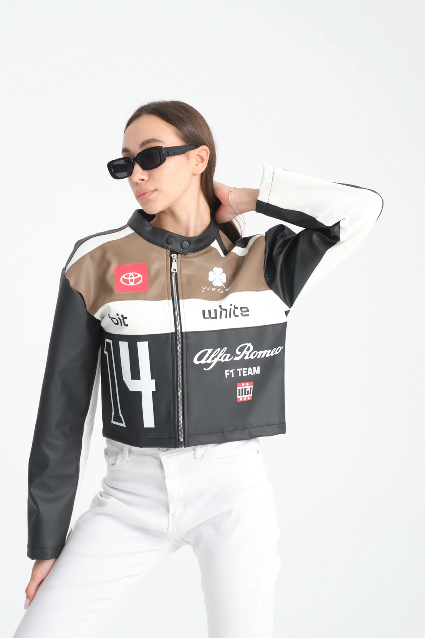 Kadın Oversize Baskılı Deri Şeritli Motorcu Montu Garnili Fermuarlı Yarışçı Ceketi Bomber Kolej Mont Açık Kahve