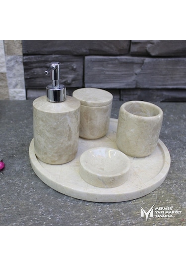 Bej Mermer 5 Parça Banyo Seti Bej