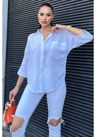 Kadın Beyaz Truvakar Kol, Oval Kesim, Terletmez, Flamlı Keten Salaş Gömlek Beyaz