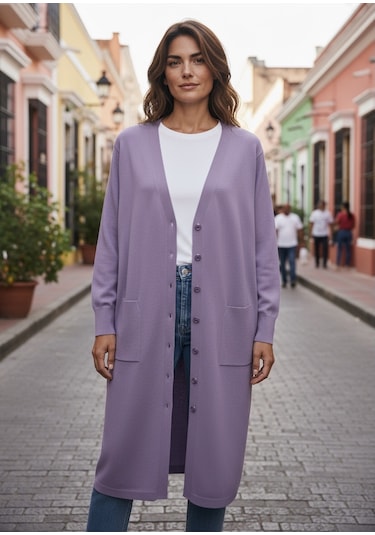 Kadın Önü Düğmeli V Yaka Cepli Mevsimlik Hırka Gülkurusu