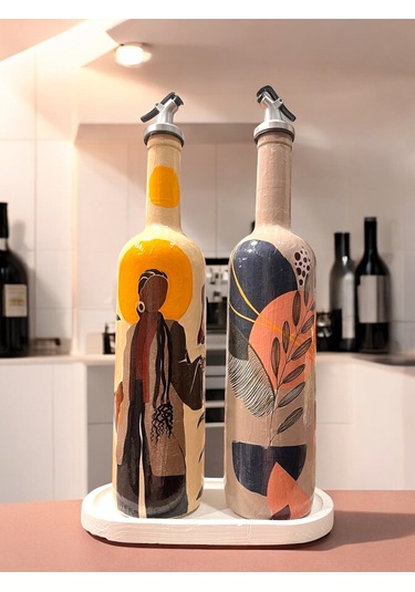 El Yapımı Dekoratif Yağdanlık, Afro Kadın Ve Tropikal Yaprak Desenli Zeytinyağı, Sirkelik, Sosluk Se Barok